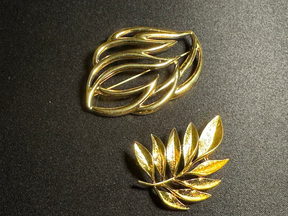 2 Vintage Monet Leaf Shaped Gold Tone Brooches